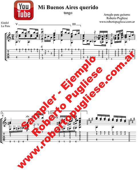 Mi Buenos Aires querido 🎼 partitura del tango en guitarra.
