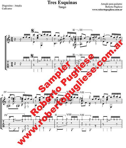 Tres esquinas 🎼 partitura del tango en guitarra. Con video y Mp3 gratis.