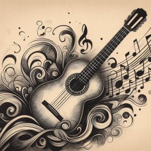 La Abandoné y No Sabía – Arreglo para guitarra clásica por Roberto Pugliese Ilustración nostálgica de guitarra clásica con notas, evocando el tango – Roberto Pugliese