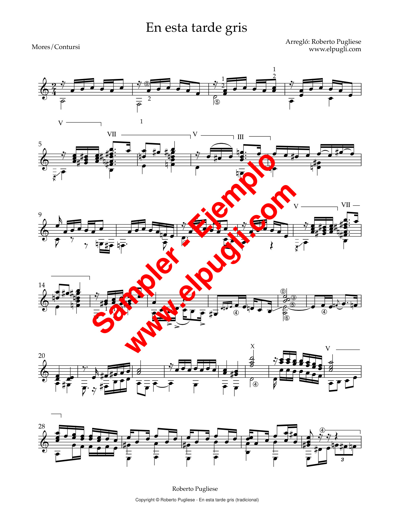 Muestra de la partitura tradicional para guitarra de En esta tarde gris