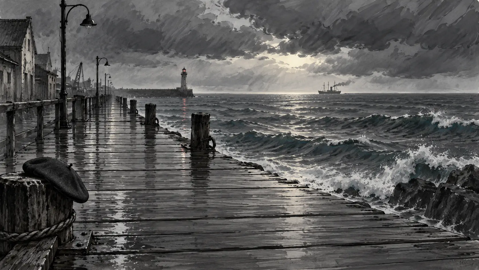 Acuarela de muelle y faro bajo tormenta, fondo del video Tristeza Marina de Roberto Pugliese