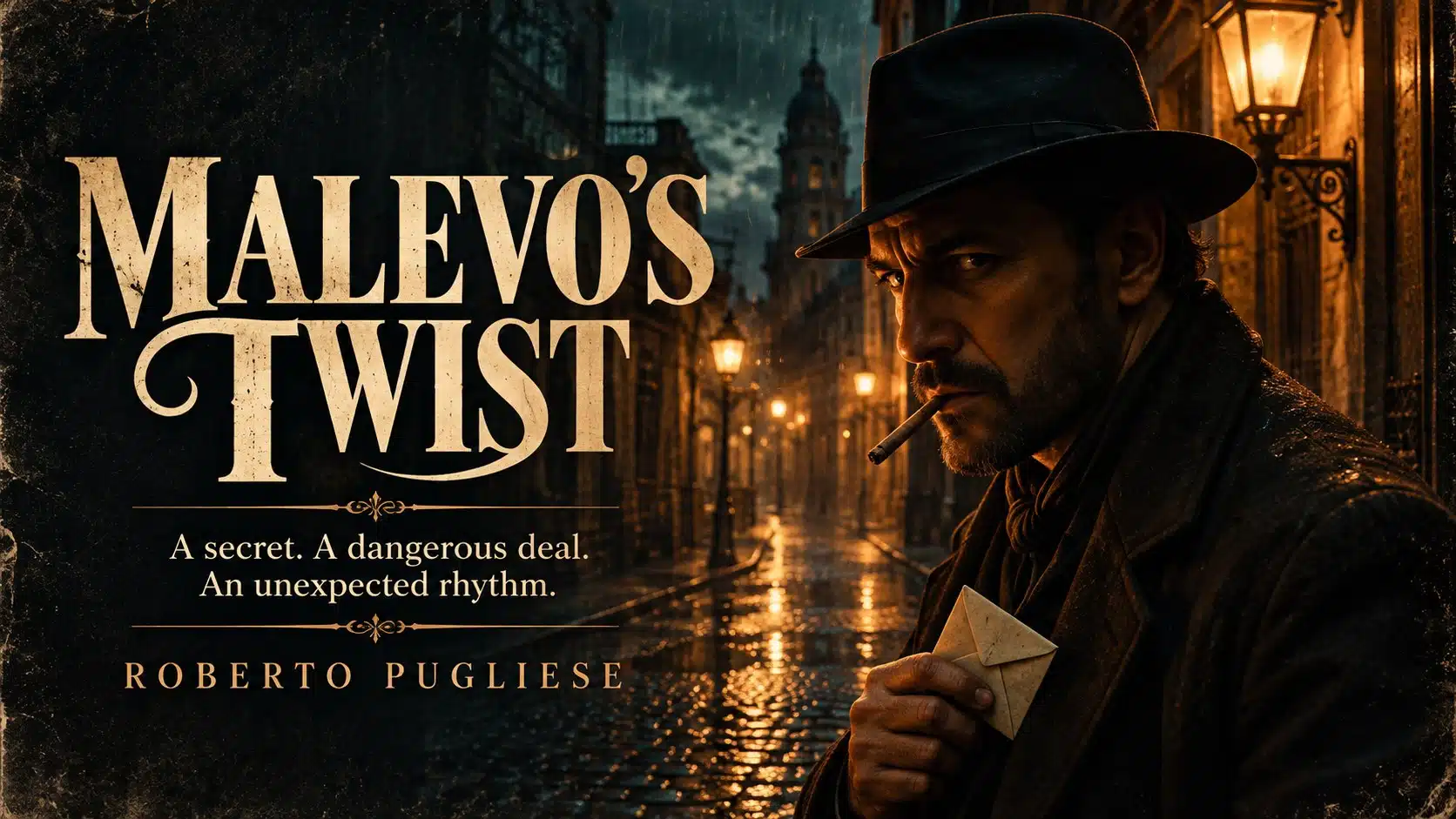 Illustrated poster for Malevo’s Twist: a man in a dark hat on a Buenos Aires street