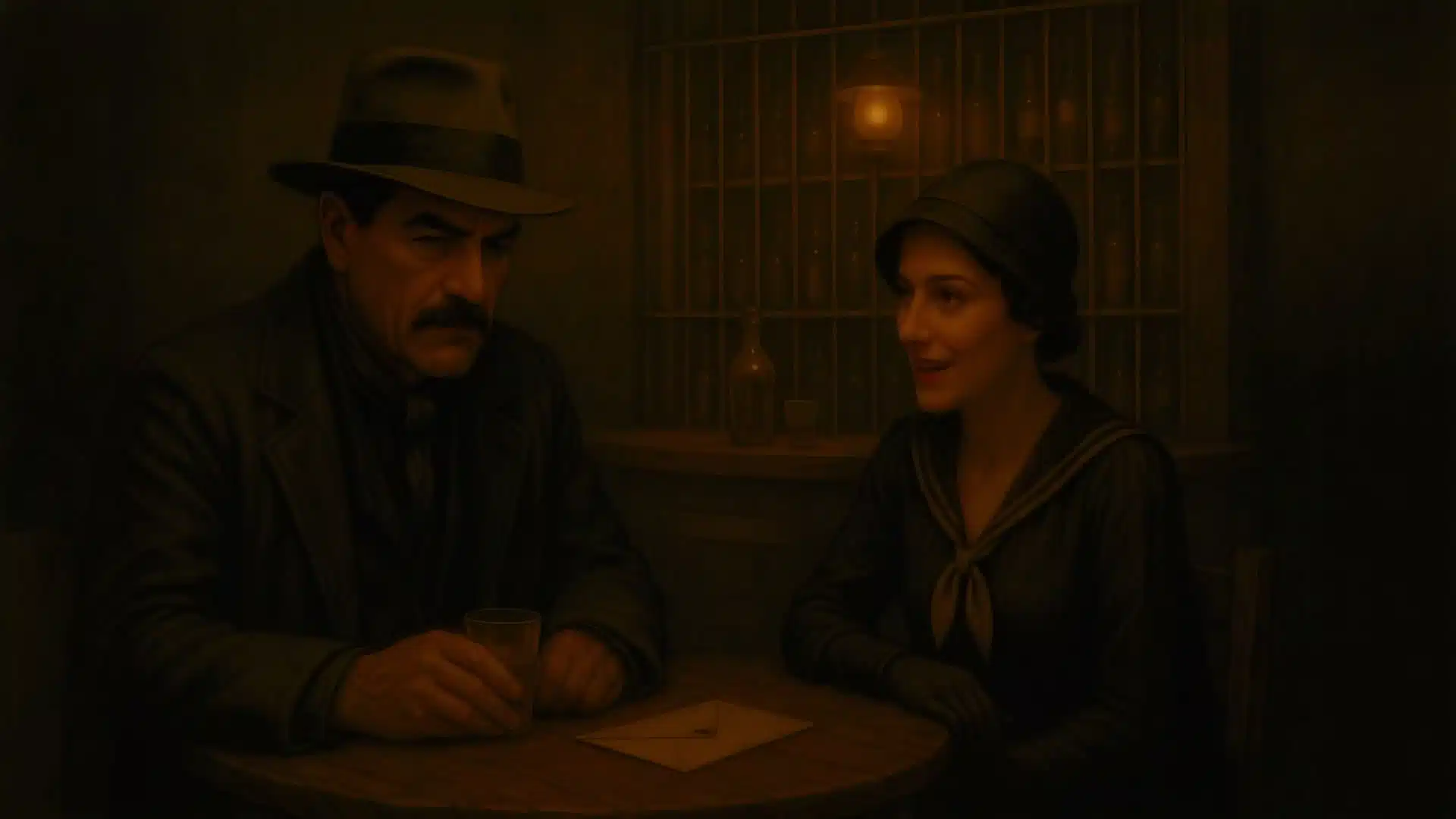 A man and a woman sit at a café table with a closed envelope between them